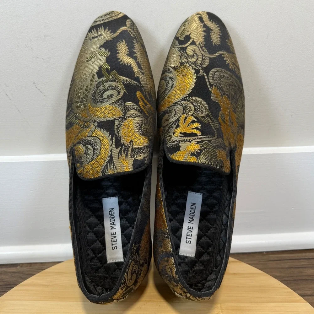 Steve Madden P-MINDZ Loafer Men 9 Gold Black Dragon Brocade Slip On Prom Festive